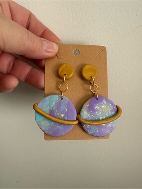 Handmade Purple & Teal Planet Drop Earrings with Gold Accent